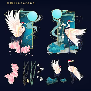 National Tide Chinese Crane Red-crowned Crane Decoration Hand-painted Antique Illustration 3d model