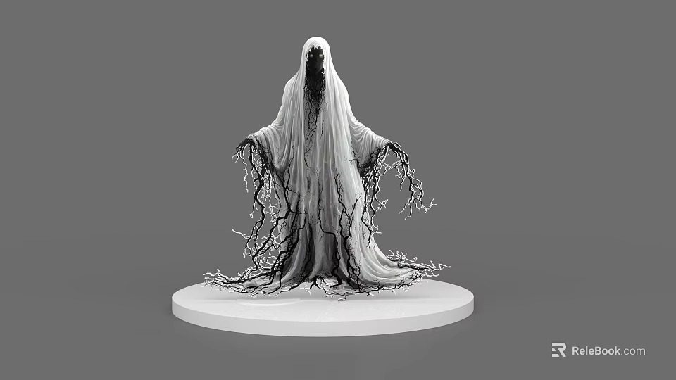 Eerie Game Movie Ghost Character With White Cloak Black Cracks And Flowing Hem 3d model 