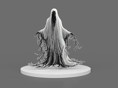 Eerie Game Movie Ghost Character With White Cloak Black Cracks And Flowing Hem 3d model