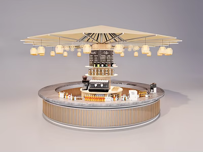 Modern Round Bar Counter With Canopy Pendant Lights And Displayed Items 3d model