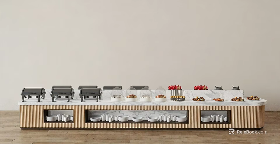 Modern Sideboard With Marble Top Wooden Design Toasters Cloches Fruits Food And Cups 3d model 