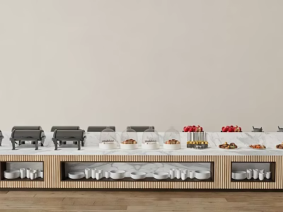 Modern Sideboard With Marble Top Wooden Design Toasters Cloches Fruits Food And Cups 3d model