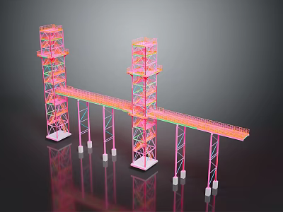 Pink Industrial Style Construction Towers And Bridge Structure With Multiple Support Columns 3d model