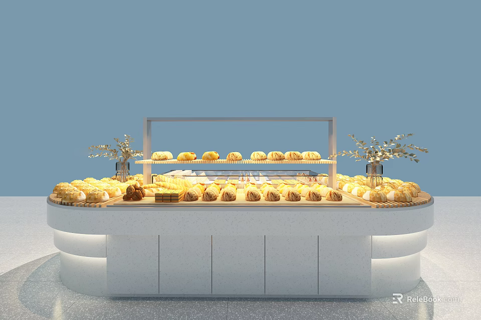 Modern White Dessert Shop Showcase With Assorted Pastries And Bright Lighting 3d model