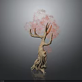 Artistic Tree With Red Leaves And Wooden Trunk On Dark Background