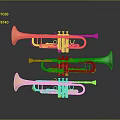 Shiny Gold Silver And Copper Trumpets Suspended On Dark Reflective Background