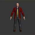 Bald Man Wearing Red Coat Blue Shirt Yellow Tie Blue Jeans And Brown Shoes