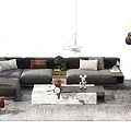 Modern Sofa And Coffee Table Set With L Shaped Design Marble Top And Decorative Items 3d model