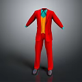 Red Three Piece Suit With Yellow Vest Blue Shirt And Black Shoes