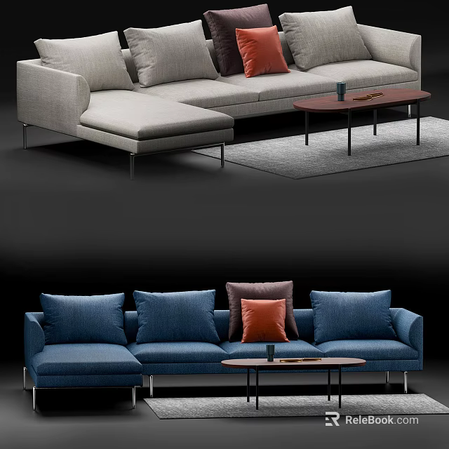 Modern Sectional Sofa With Multiple Decorative Pillows And Coffee Table In Living Room 3d model