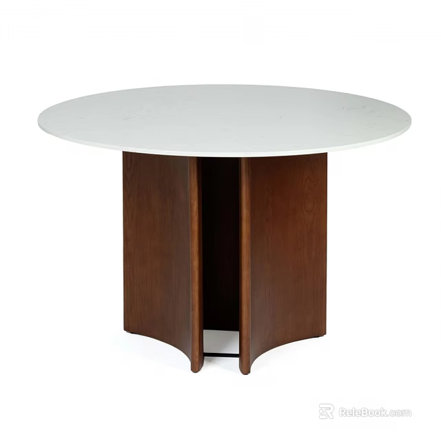 Round Modern White Tabletop Dining Table With Dark Brown Wooden Legs 3d model