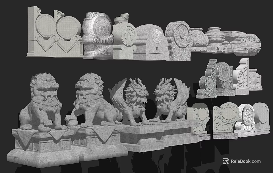 Traditional Stone And Wood Carvings Featuring Lion Sculptures And Decorative Ornaments 3d model 
