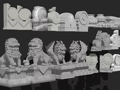 Traditional Stone And Wood Carvings Featuring Lion Sculptures And Decorative Ornaments 3d model