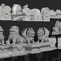 Traditional Stone And Wood Carvings Featuring Lion Sculptures And Decorative Ornaments
