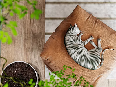 Reptile Lizard Resting On Brown Cushion With Green Plants And Wooden Tabletop 3d model