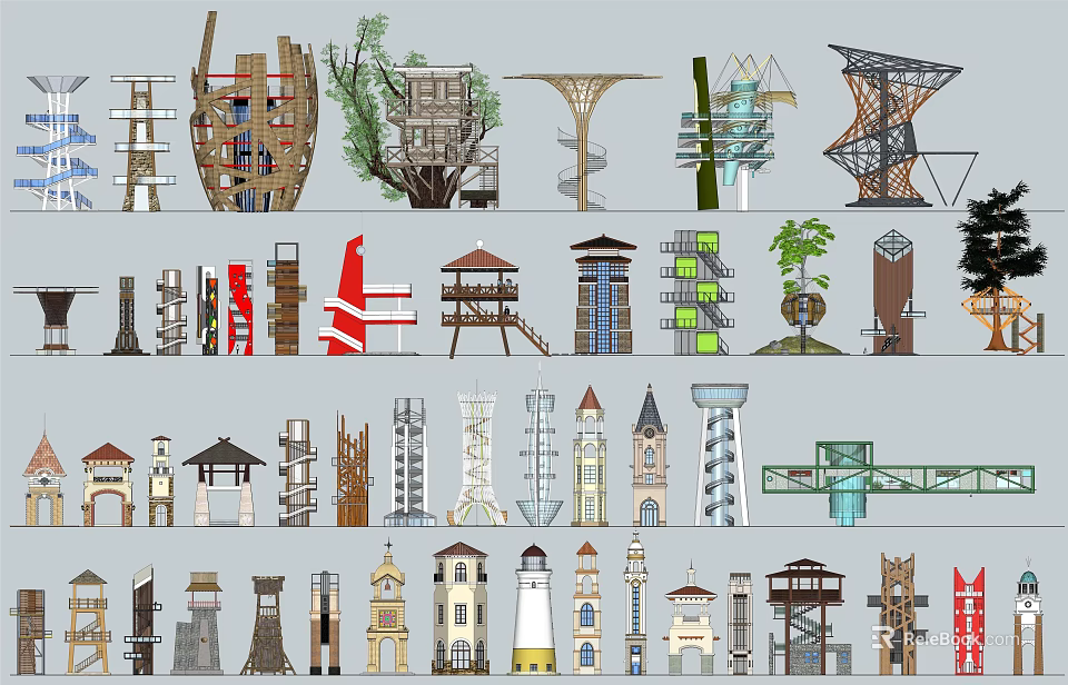 Diverse Architectural Tower Designs Showcasing Modern Traditional And Unique Styles 3d model 