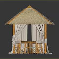 Thatch Roof Pavilion With Wooden Table Chairs And White Curtains