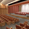Spacious Conference Room With Red Seats Wooden Walls And Stage Setup
