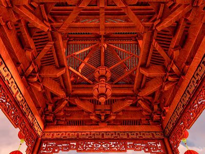 Ancient Architecture Classic Wooden Roof Structure With Intricate Carved Beams And Red Lanterns 3d model