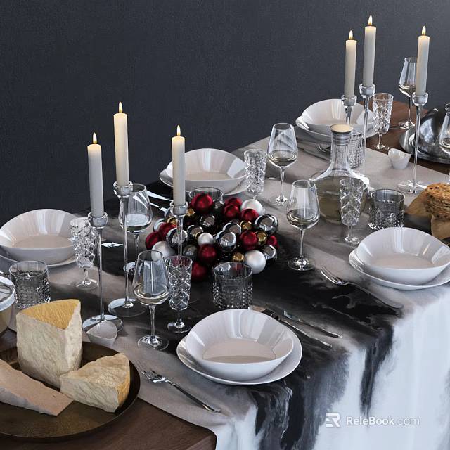 Elegant White Dinnerware Set with Plates Bowls Glasses Candle Holders Decorative Balls on Dining Table 3d model 