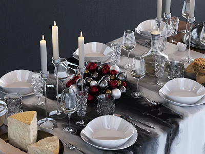 Elegant White Dinnerware Set with Plates Bowls Glasses Candle Holders Decorative Balls on Dining Table 3d model