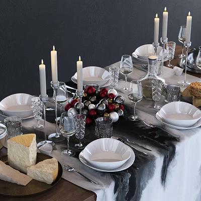 Elegant White Dinnerware Set with Plates Bowls Glasses Candle Holders Decorative Balls on Dining Table 3d model