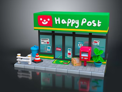 Cartoon Scene of Happy Post Office with Green Sign Red Mailbox and Sidewalk Elements 3d model