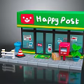 Cartoon Scene of Happy Post Office with Green Sign Red Mailbox and Sidewalk Elements