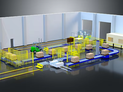 Warehouse Logistics Center With Conveyor Belts Yellow Fencing Green Forklift And Cardboard Boxes 3d model