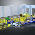 Warehouse Logistics Center With Conveyor Belts Yellow Fencing Green Forklift And Cardboard Boxes