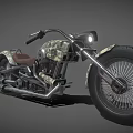 Camouflage Vintage Motorcycle With Classic Headlight Brown Seat Spoked Wheels And Chrome Exhaust Pipes