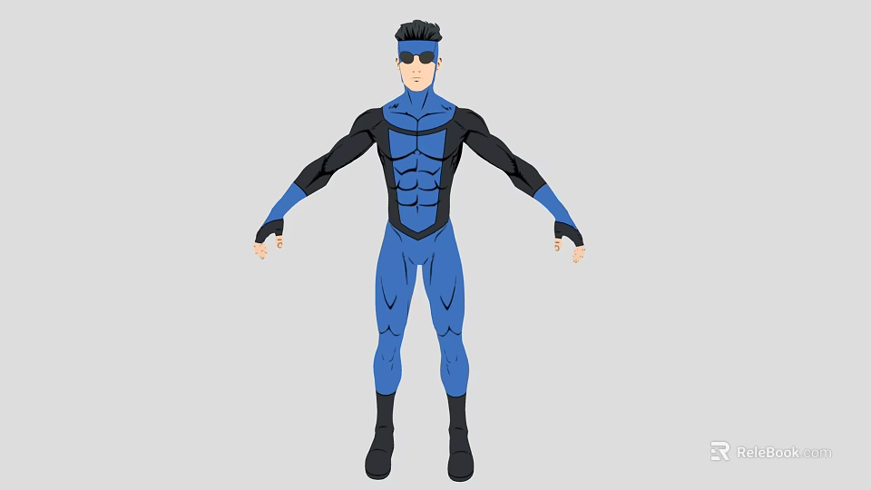 Muscular Man in Blue Bodysuit with Black Accents Standing with Arms Outstretched Wearing Sunglasses 3d model 