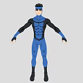 Muscular Man in Blue Bodysuit with Black Accents Standing with Arms Outstretched Wearing Sunglasses