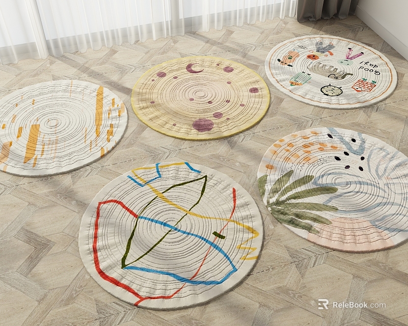 Stylish Modern Round Rugs With Various Patterns Including Geometric Designs And Plant Motifs 3d model 