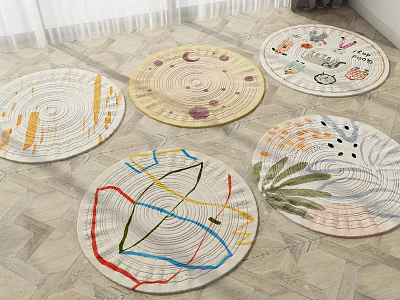 Stylish Modern Round Rugs With Various Patterns Including Geometric Designs And Plant Motifs 3d model