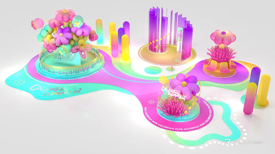 Colorful Inflatable Flower Shaped Decorations With Columnar Structures And Wavy Summer Bases 3d model 