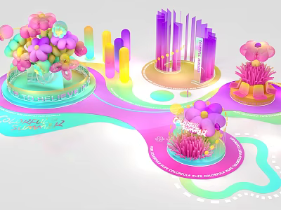 Colorful Inflatable Flower Shaped Decorations With Columnar Structures And Wavy Summer Bases 3d model