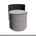 Modern White Round Bedside Table With Black Woven Accent And Herringbone Wooden Floor
