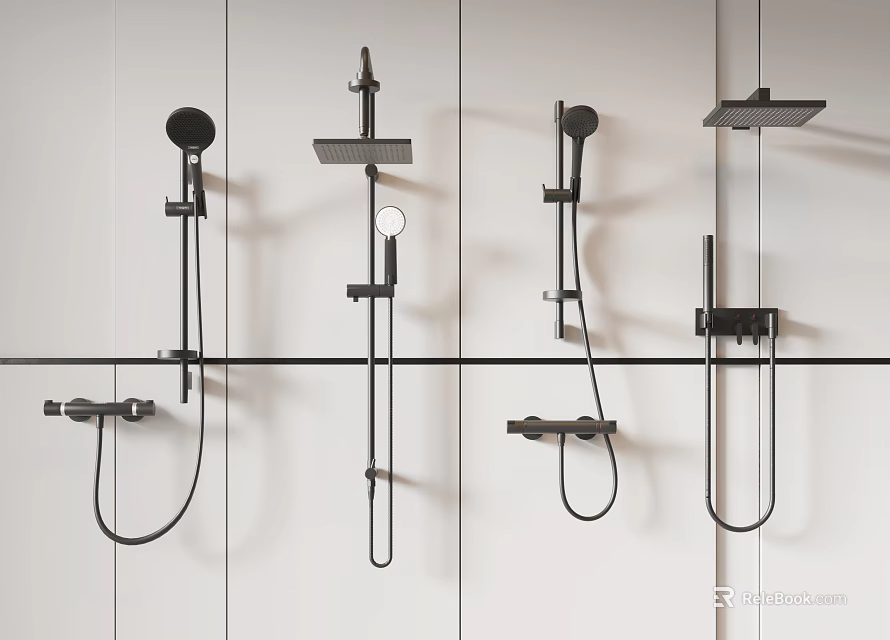 Modern Black Shower Systems with Handheld and Overhead Sprayers on White Wall 3d model 