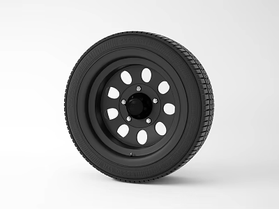 Black Car Tire With Spoked Rim Featuring Holes And Detailed Tread Pattern 3d model