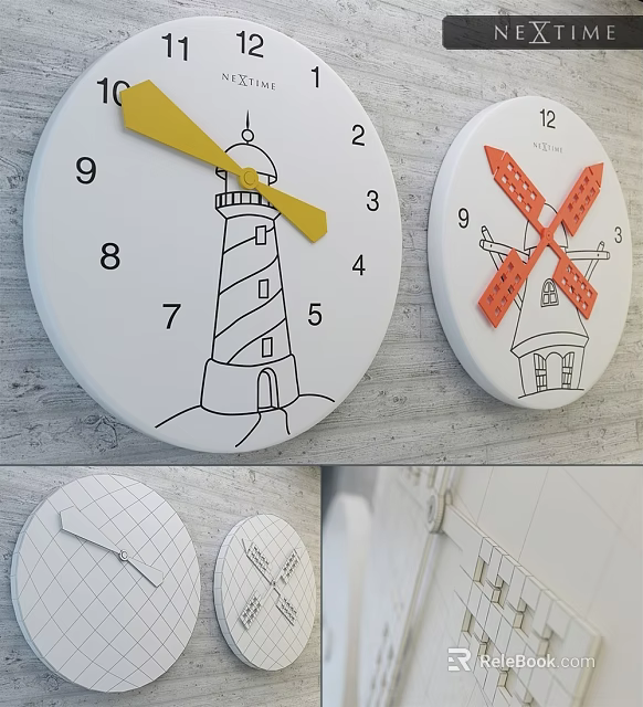 Decorative Wall Clocks With Lighthouse And Windmill Designs On White Background 3d model