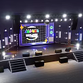 Ballroom Stage with Large Screen Cartoon Pattern Bright Lights Steps and Black Seats