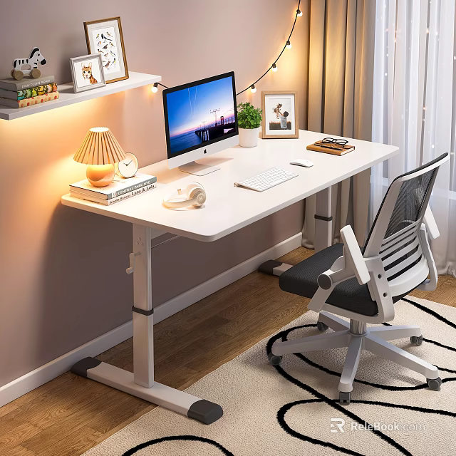 White Height Adjustable Desk With Computer Monitor Keyboard And Ergonomic Chair 3d model 