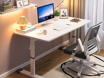 White Height Adjustable Desk With Computer Monitor Keyboard And Ergonomic Chair 3d model