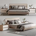 Double Bed With Wooden Headboard Nightstands Table Lamps Pillows Blanket Small Plants And Rug