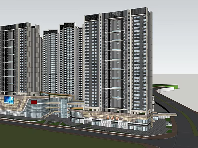 Modern High Rise Residential Complex with Commercial Podium and Glass Facade Design 3d model