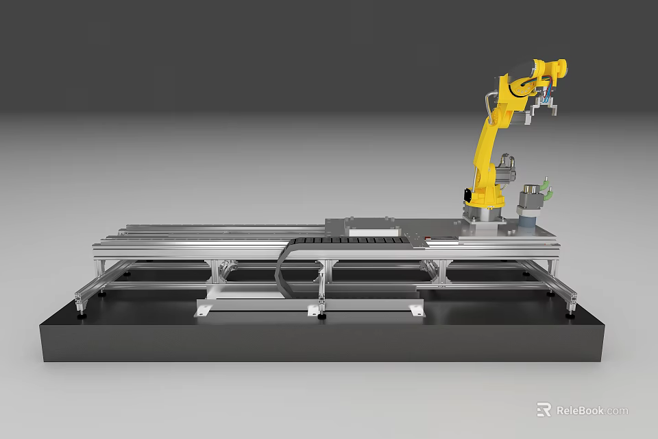 Yellow Automated Industrial Robotic Arm System On Metal Workbench With Sliding Rails 3d model 