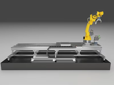 Yellow Automated Industrial Robotic Arm System On Metal Workbench With Sliding Rails 3d model