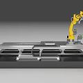 Yellow Automated Industrial Robotic Arm System On Metal Workbench With Sliding Rails