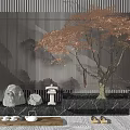 Slatted Feature Wall with Karesansui Style Red Maple Tree Stone Lantern Pebbles and Stone Path